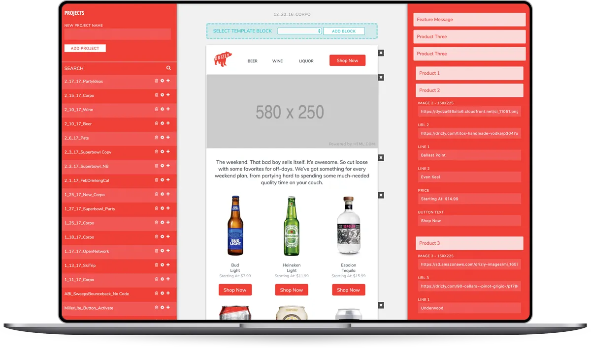 Drizly email building application interface