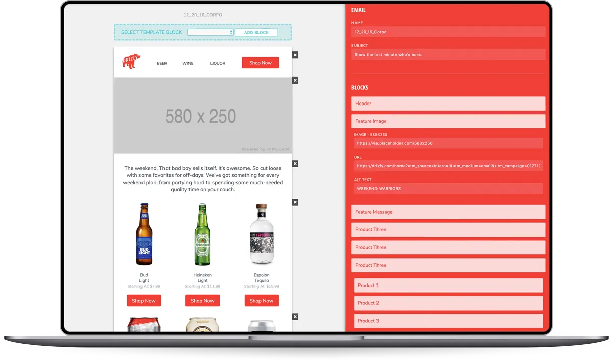 Email builder interface showing drag-and-drop components