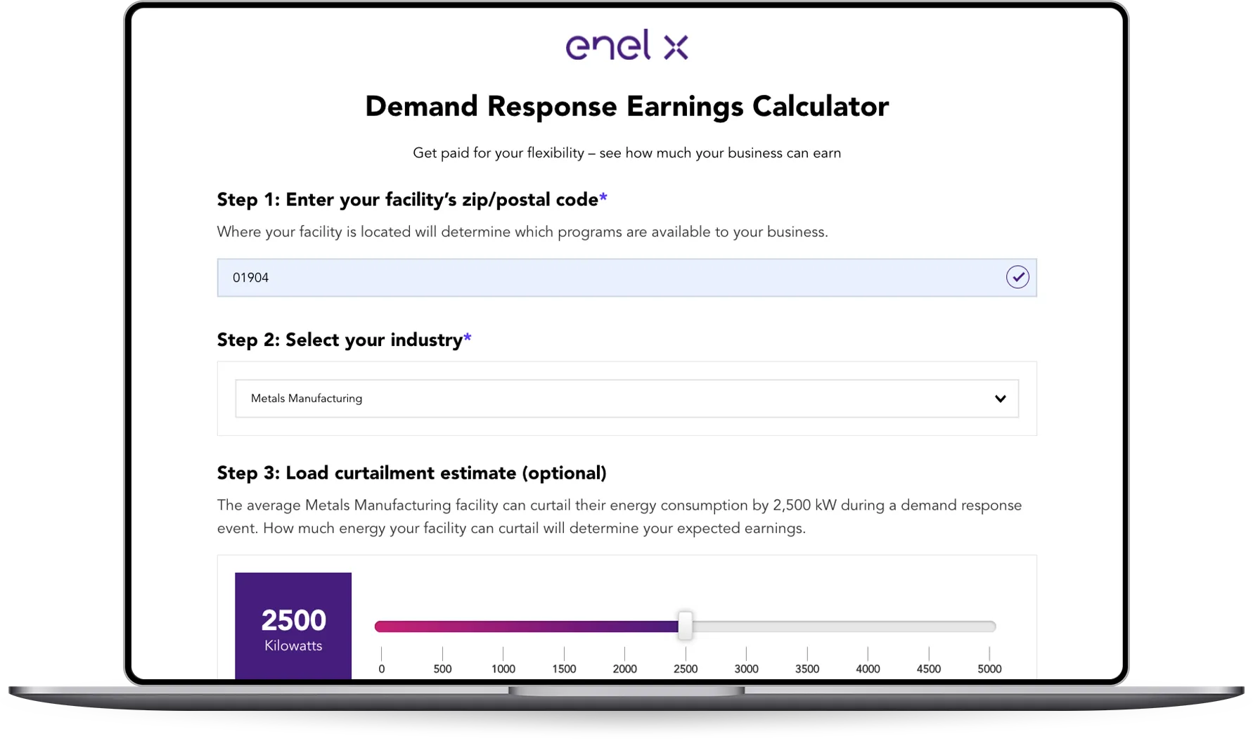 Enel X Demand Response Calculator interface